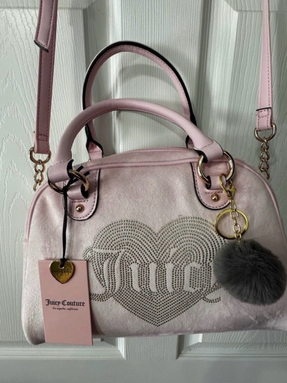 Juicy Couture Pale Pink Crystal Heart Satchel with Gray Pom